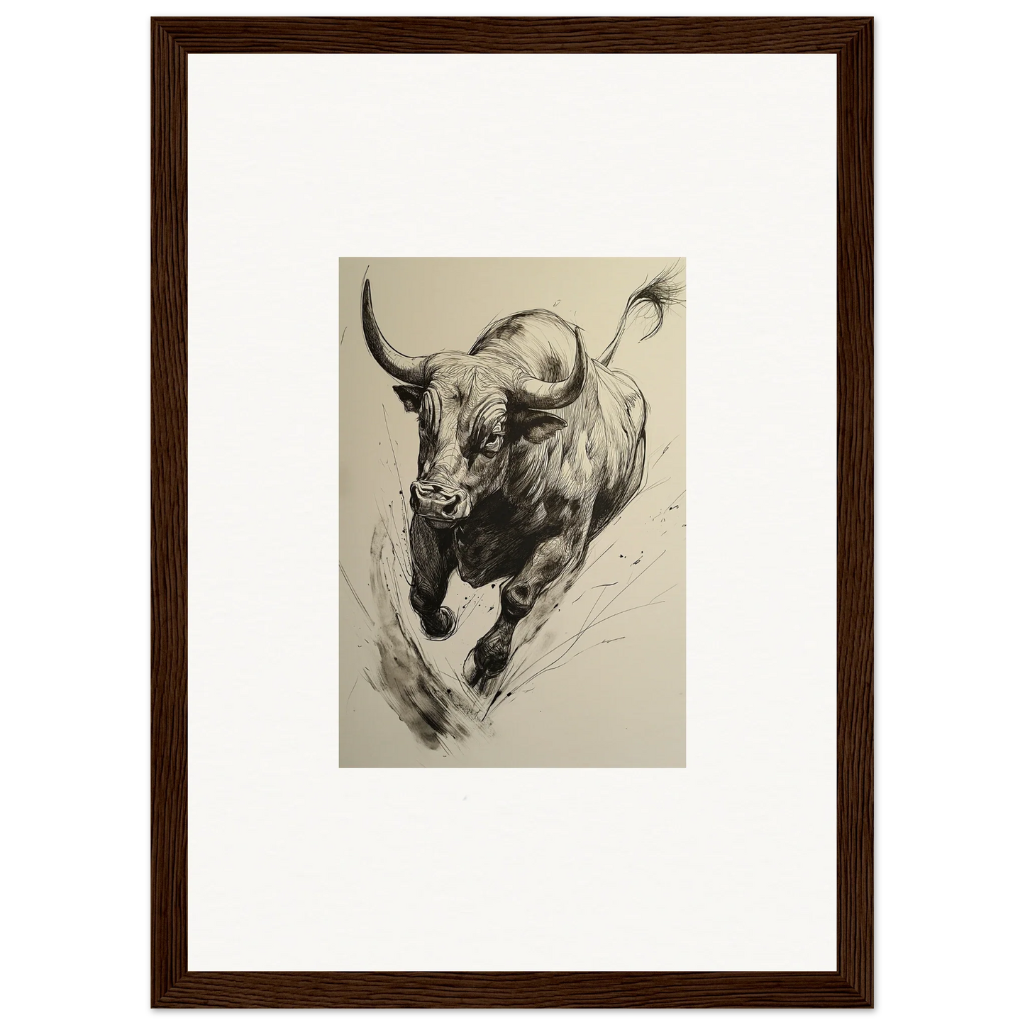 Charging Bull in dramatic black and white for Ebullient Storm Release framed wall art