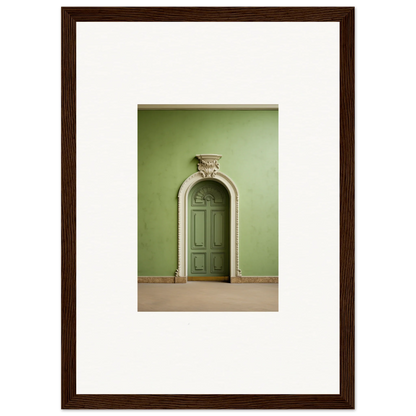 Ornate arched green door with carvings for Verdant Illusion Sphere framed wall art