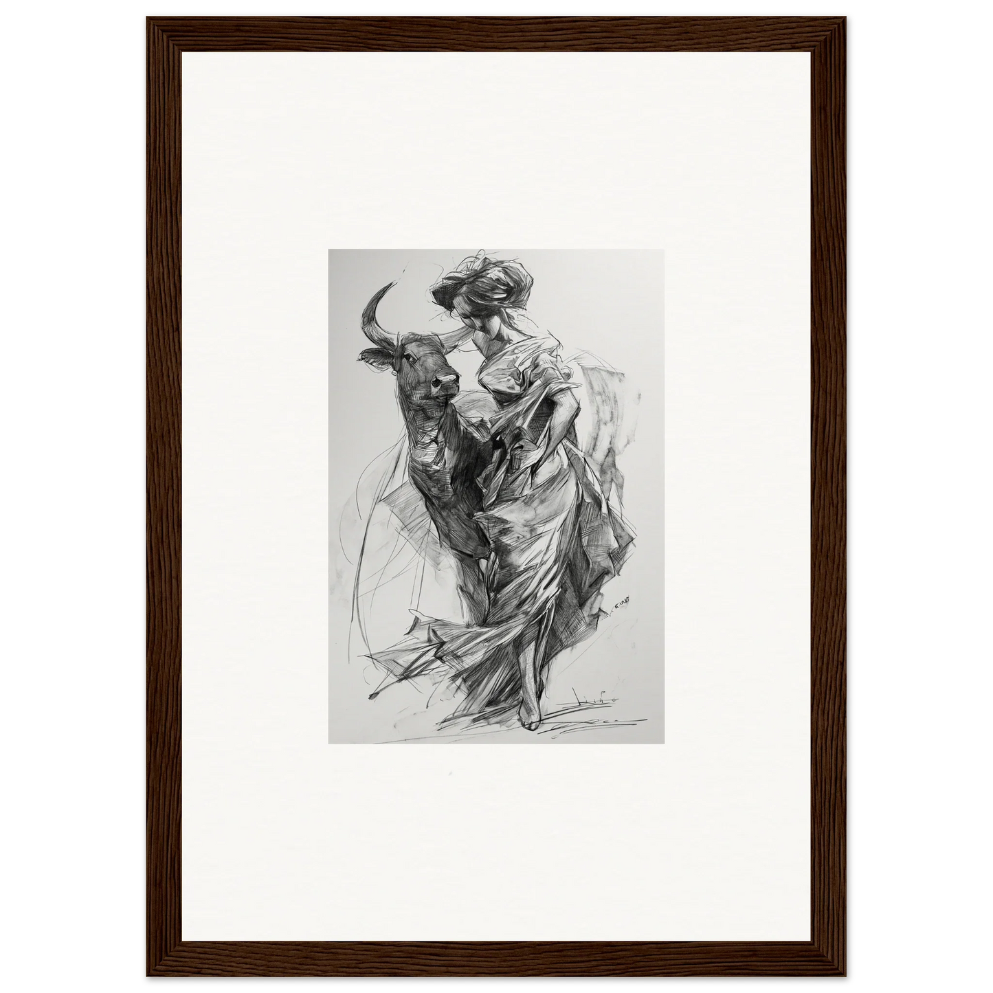 Dynamic black and white sketch of a matador and bull for Ebullient Abstract Liaisons