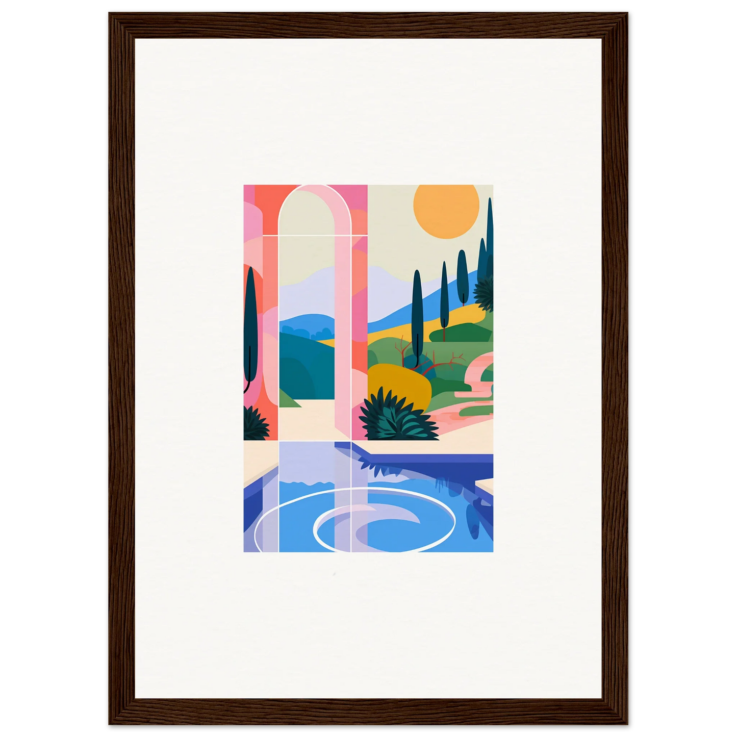 Framed abstract landscape wall art with colorful shapes, perfect for room decoration