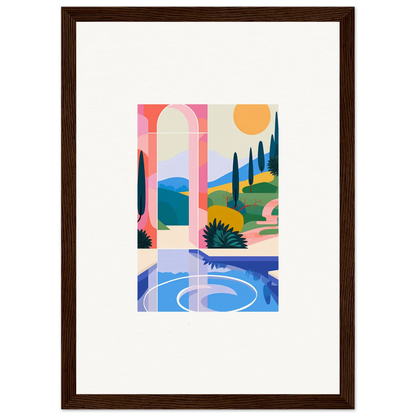 Framed abstract landscape wall art with colorful shapes, perfect for room decoration