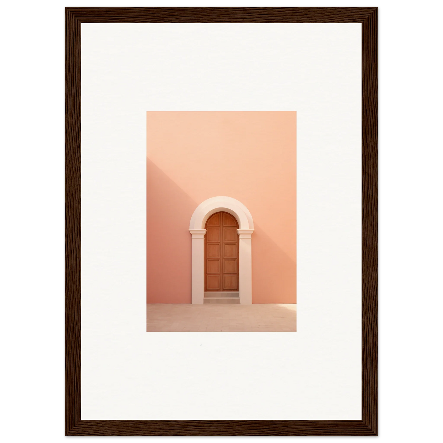 Wooden door in arched entryway on peachy-pink wall from Silent Coral Dreams collection