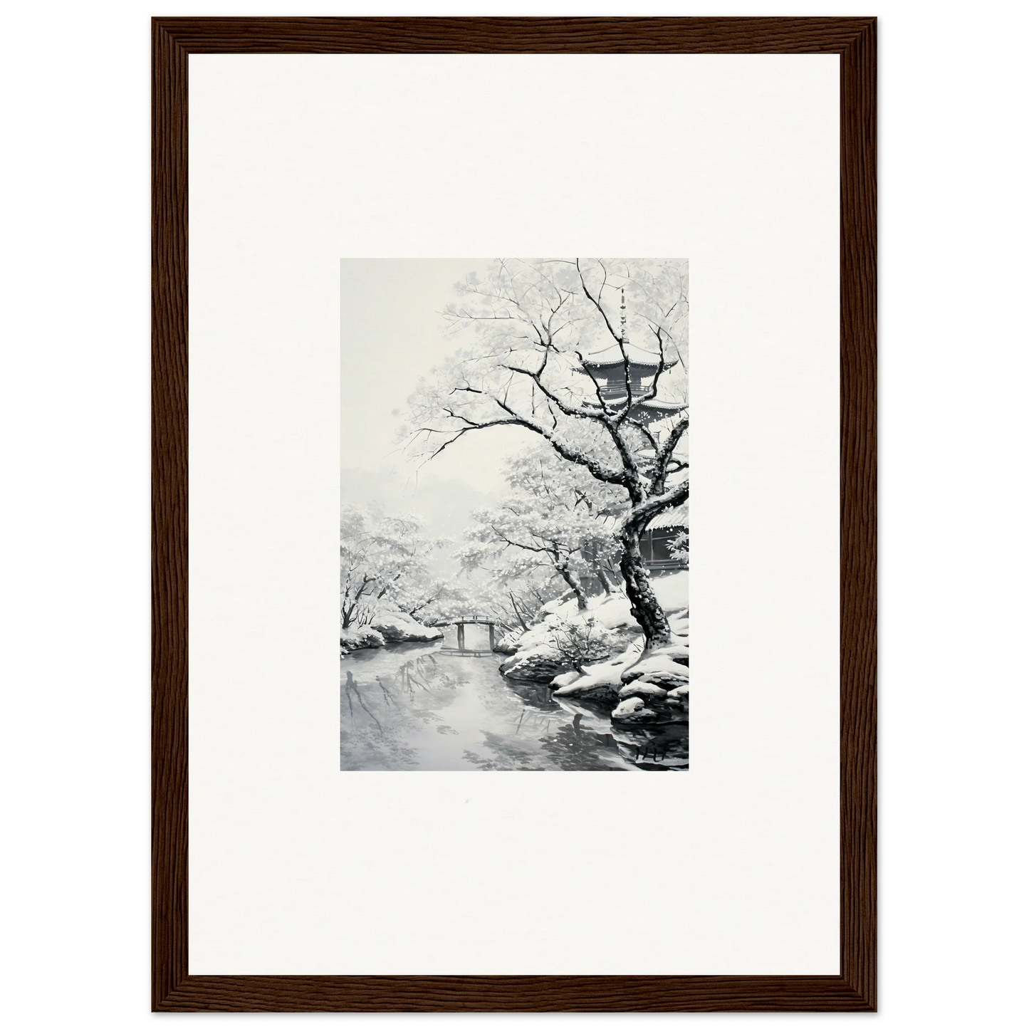 Framed black and white artwork of a snowy scene, perfect for Chilled Lunar Embrace special edition art™