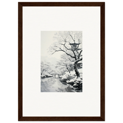 Framed black and white artwork of a snowy scene, perfect for Chilled Lunar Embrace special edition art™