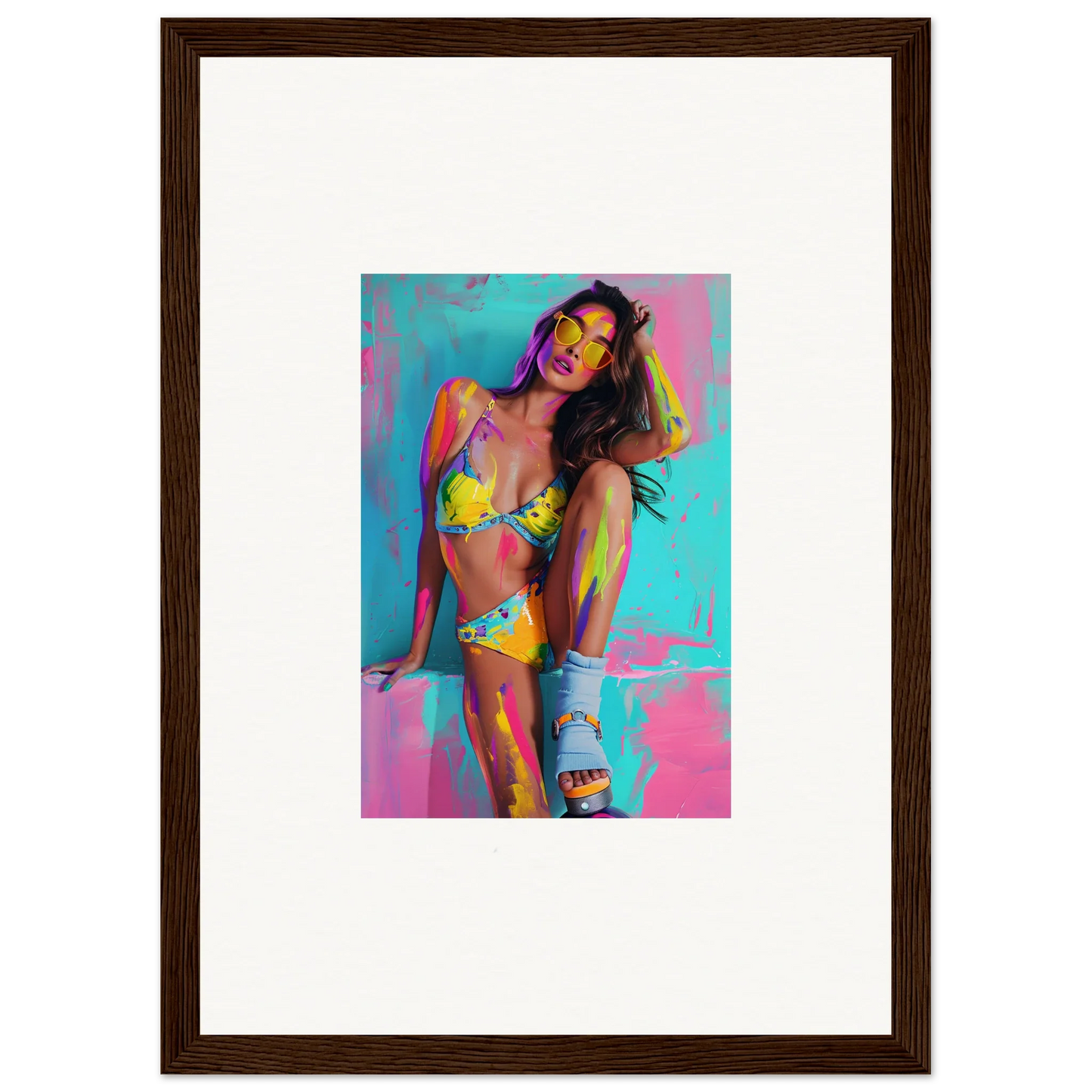 Colorful canvas print of a woman in a yellow bikini for vibrant room decoration