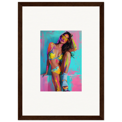 Colorful canvas print of a woman in a yellow bikini for vibrant room decoration