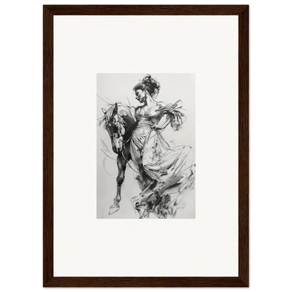 Black and white sketch of a woman in a dress next to a horse from Thoughts Unbridled Dance