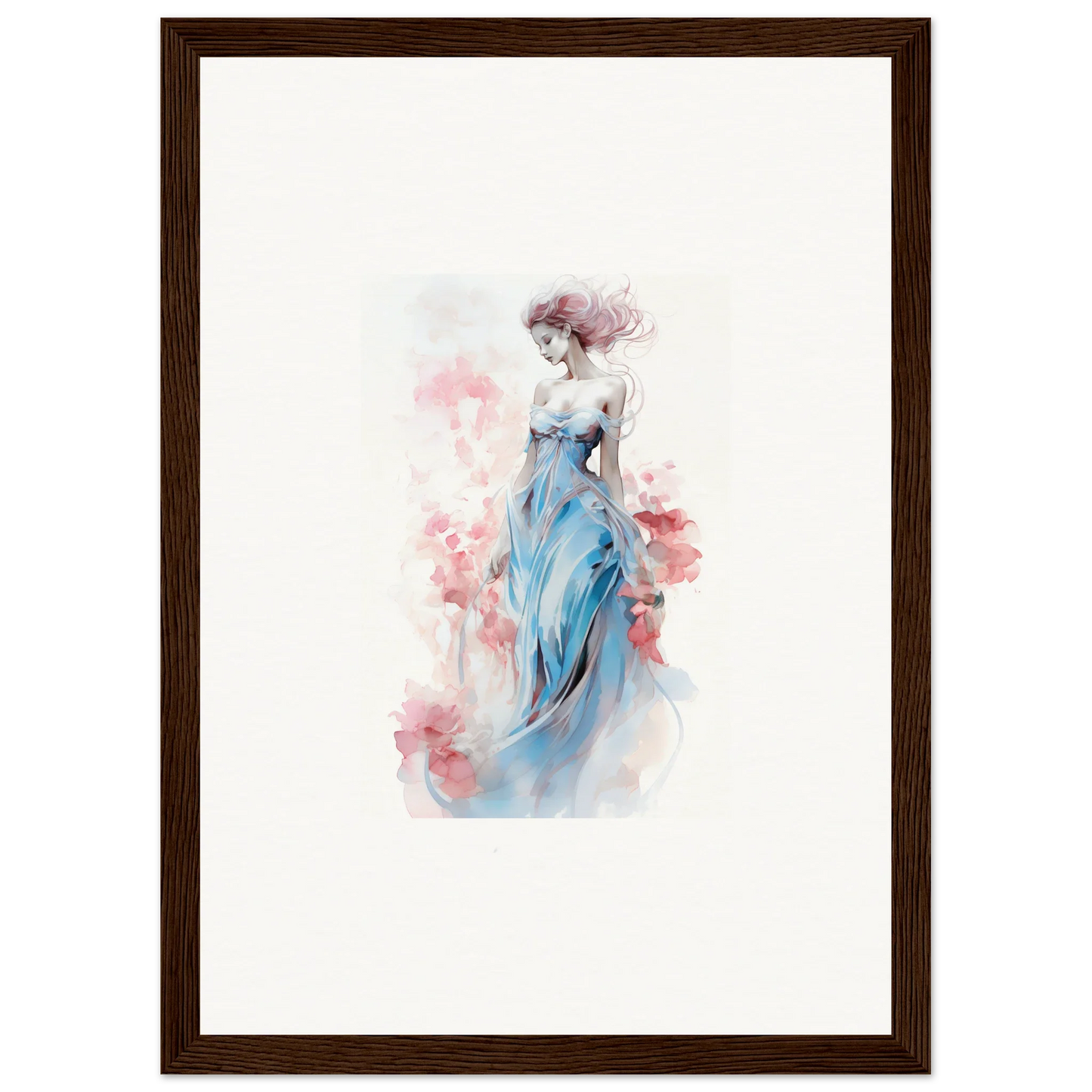 Watercolor wall art of a woman in a blue dress, perfect for room decoration