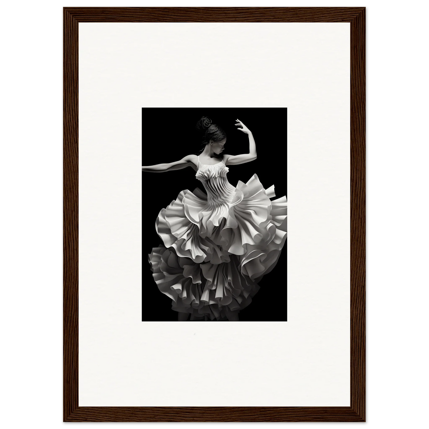 Dancer in ruffled dress twirling, showcasing Tangled Luminous Laces framed poster