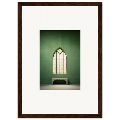 Gothic arched window with geometric panes above a bench in Evermind Greenthaum