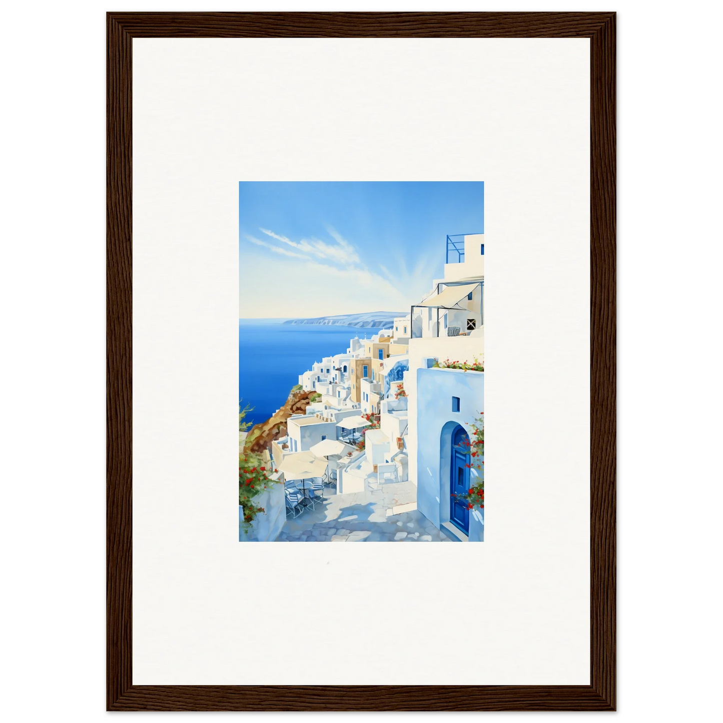 Framed photo of Santorini’s white buildings and blue domes for Mediterranean Serenity Remastered