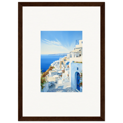 Framed photo of Santorini’s white buildings and blue domes for Mediterranean Serenity Remastered