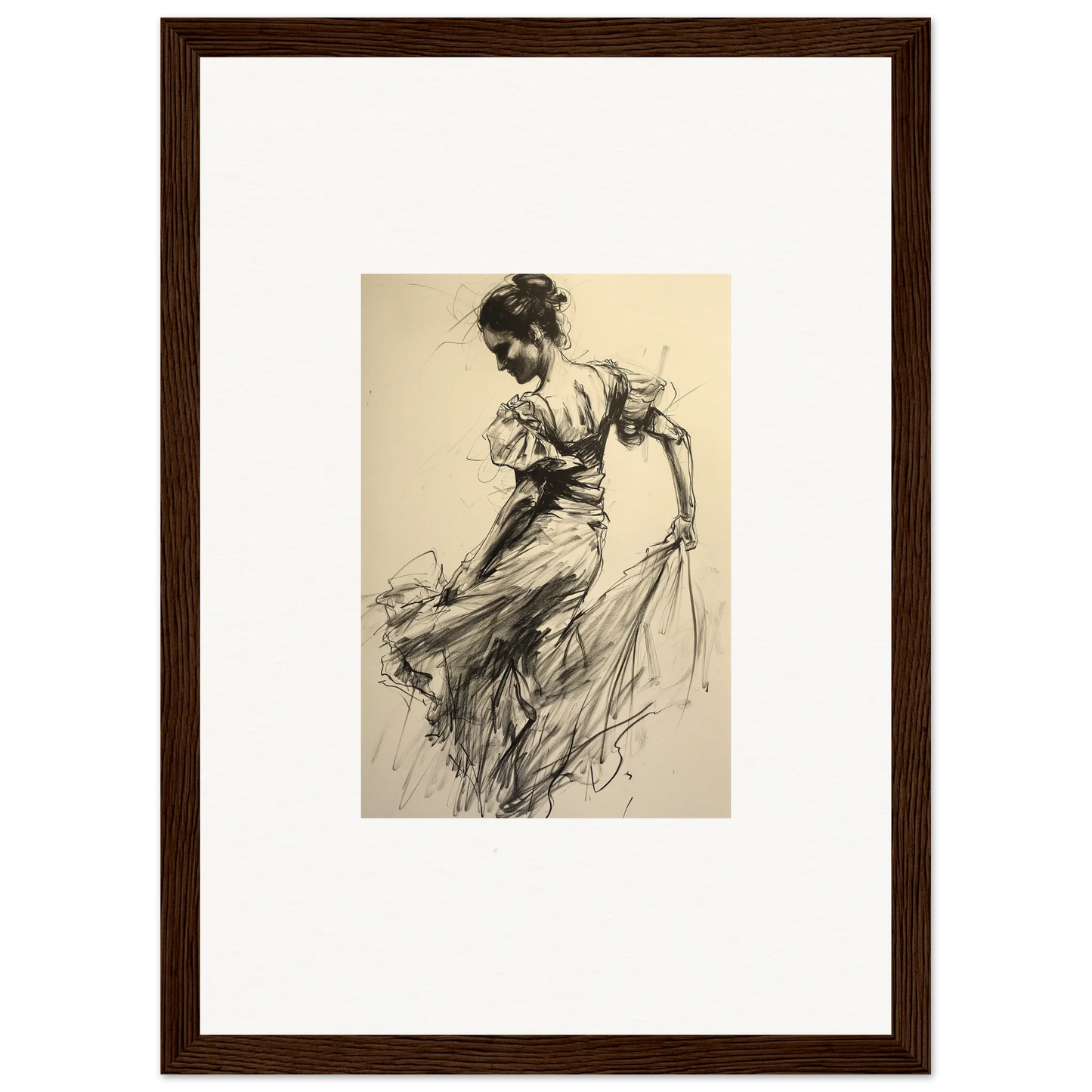 Vintage woman in flowing dress art for Shadow Waltz premium framed wall decor