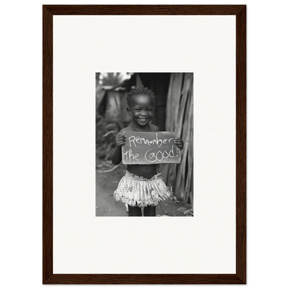 Black and white art of a child holding a sign, part of Chromatic Joy Ancients collection