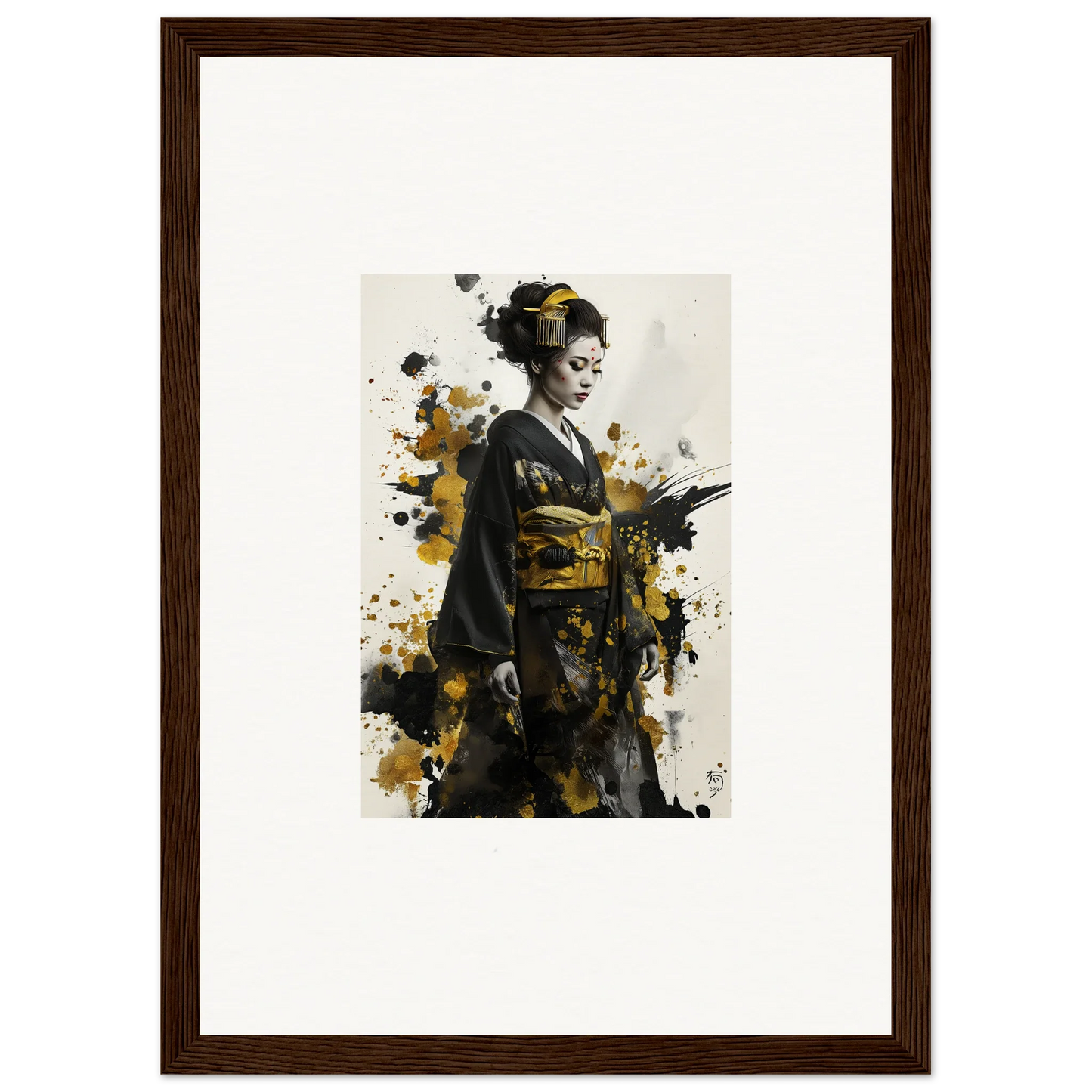 Artistic geisha portrait in kimono with gold splatter from Eclipsed Ukiyo Symphony