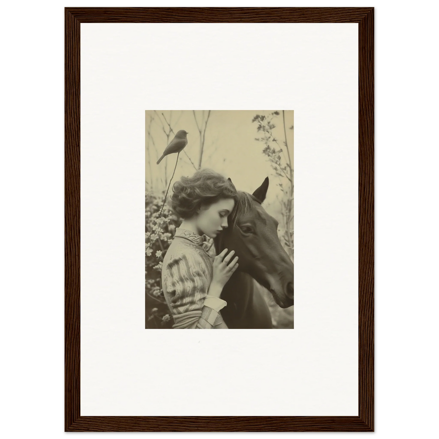 Vintage photograph of a woman and horse, perfect for room decoration wall art