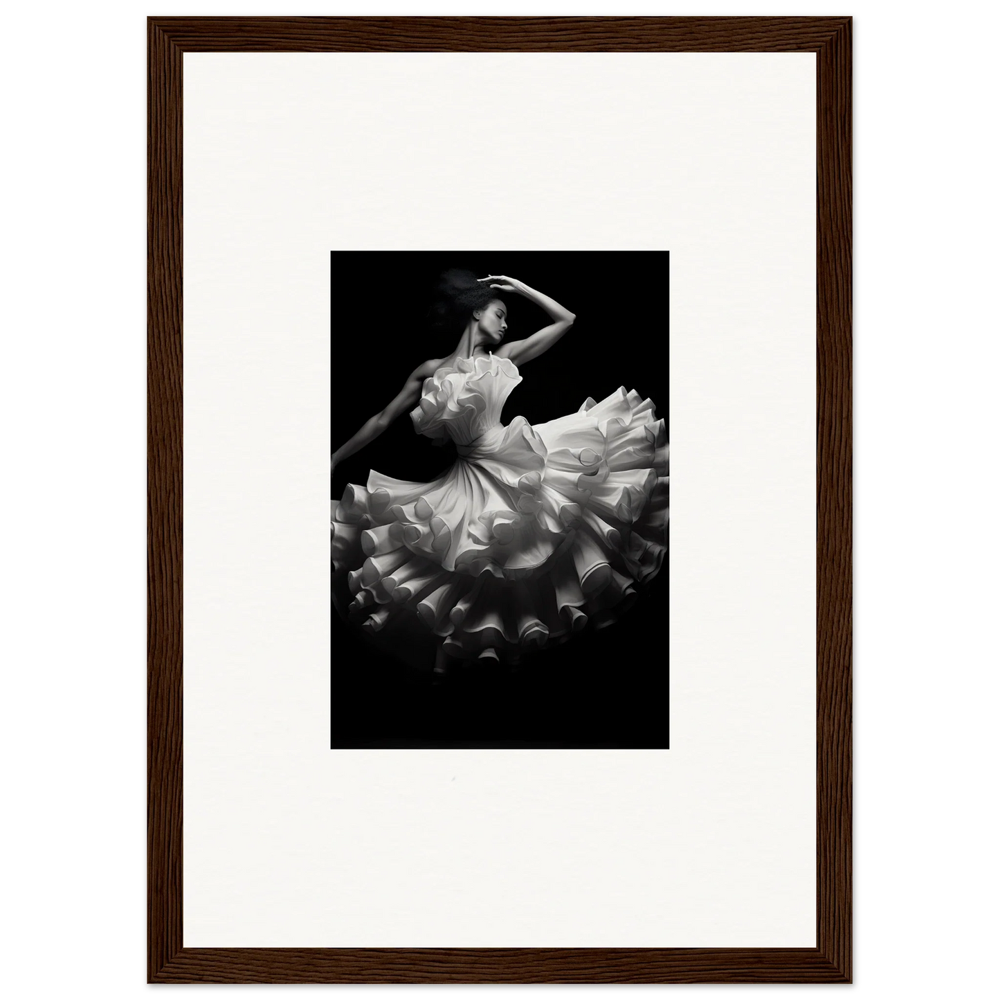 Dancer in ruffled dress mid-twirl for Nocturnal Flourishbyen premium wall art