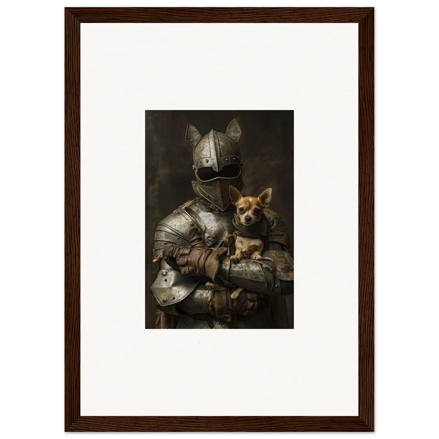 Medieval knight in armor with dog, featured in Serene Steel Whispers framed wall art