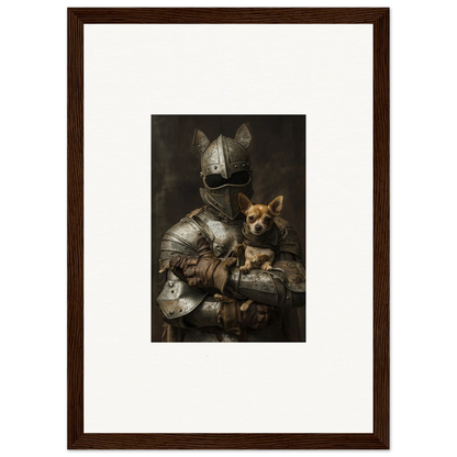 Medieval knight in armor with dog, featured in Serene Steel Whispers framed wall art