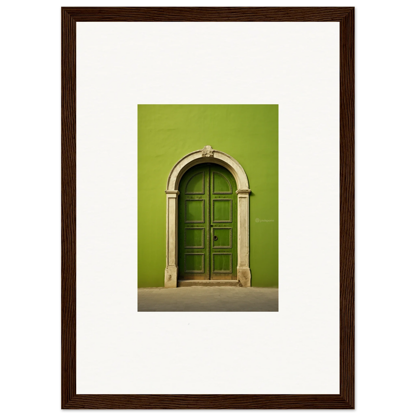 Arched green wooden door with stone trim in Vert Barcode Reverie special edition art™