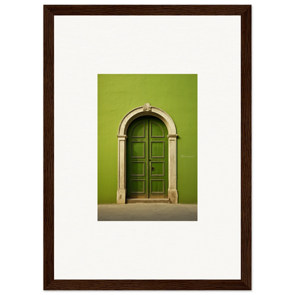 Arched green wooden door with stone trim in Vert Barcode Reverie special edition art™