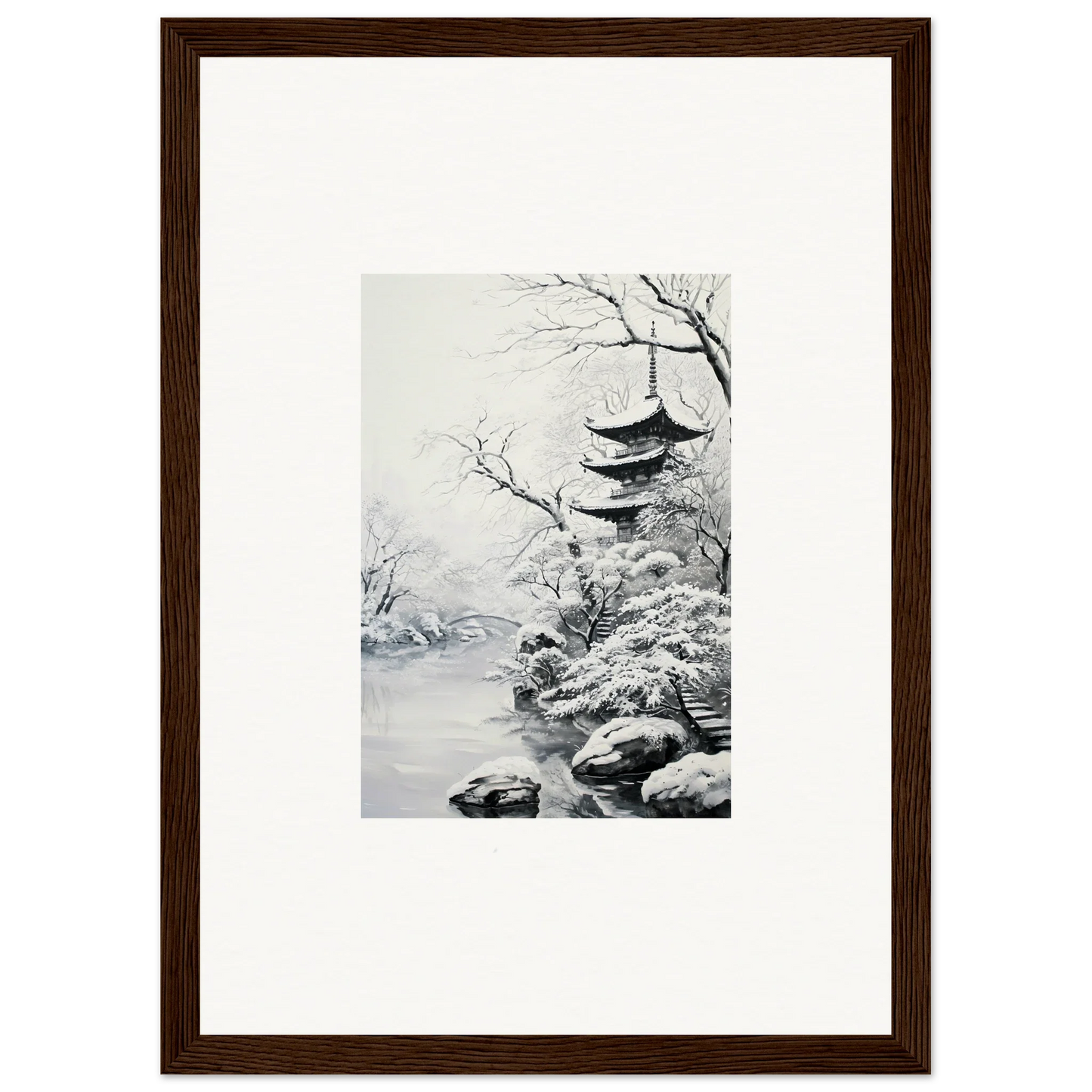 Framed black and white artwork of a snowy pagoda for Twilight Rebirth Narrative