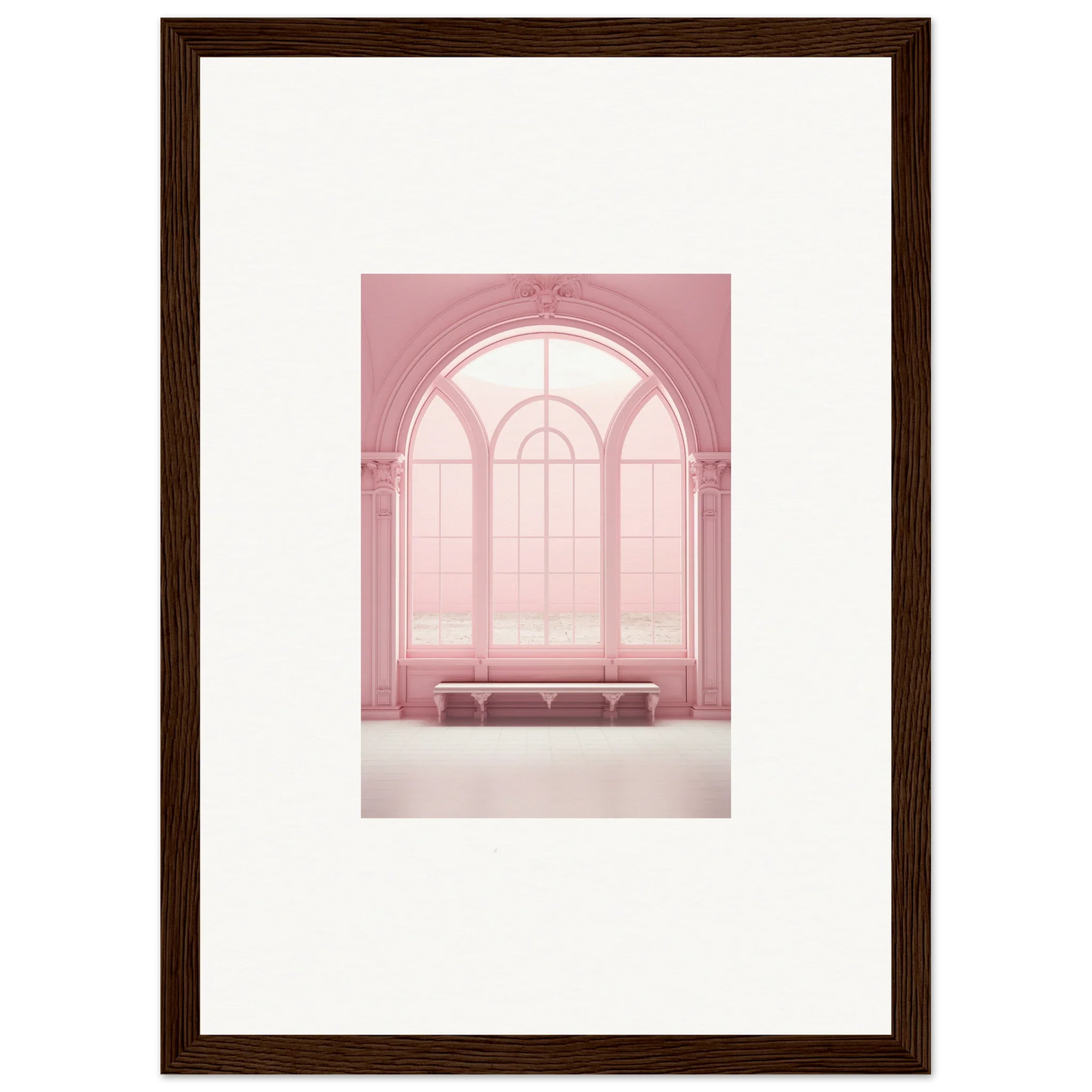 Arched window with pink panes in Solitude’s Rosy Asana framed wall art design