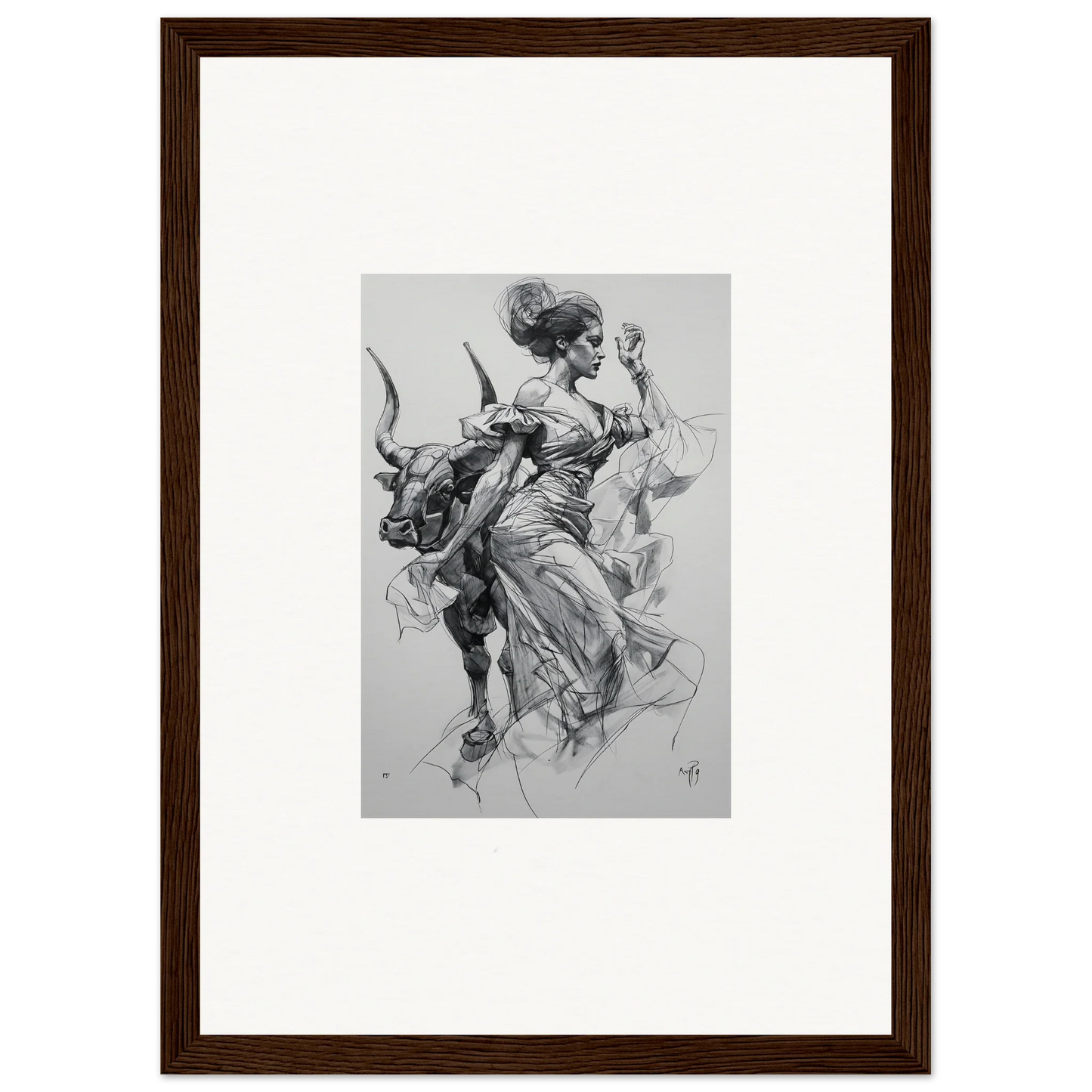 Black and white sketch of a person on a bull for Sirens Veil Matador art