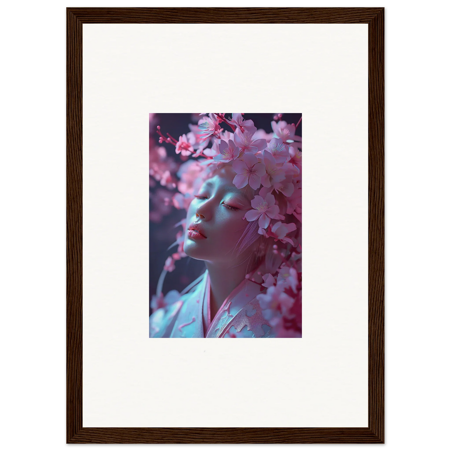 Framed canvas print of cherry blossoms and a face, perfect for unique room decoration