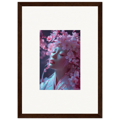 Framed canvas print of cherry blossoms and a face, perfect for unique room decoration