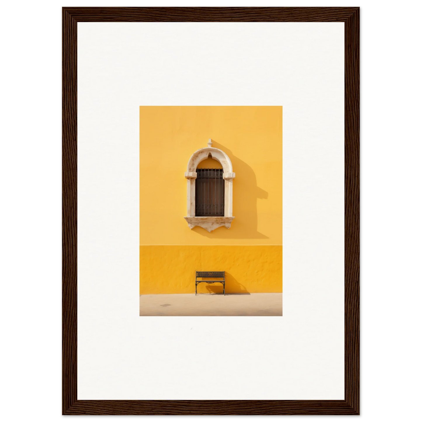 Wooden-framed photograph of a yellow wall with an arched window in Gapes of Gargoyles special edition art™