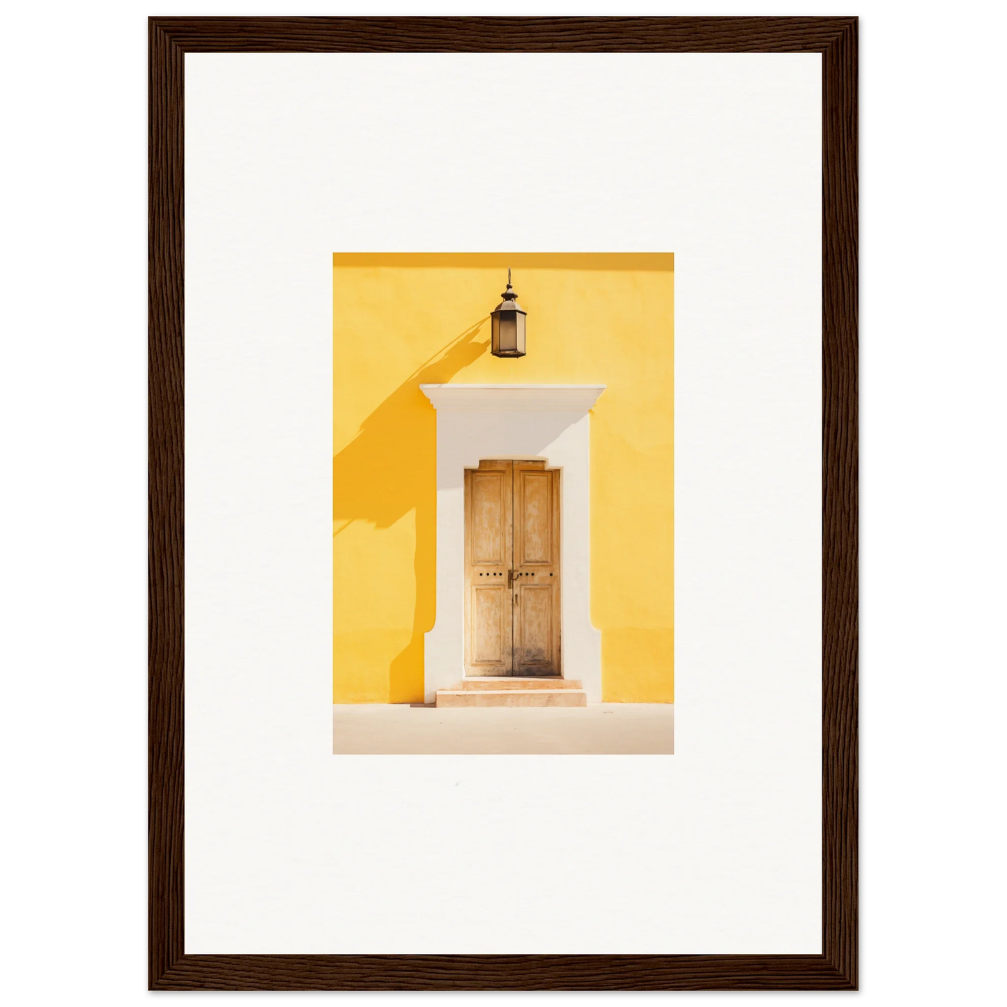 Wooden door on a yellow wall with lantern, part of the Golden Hue Portal artwork