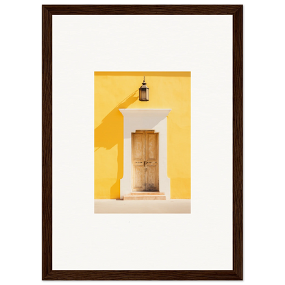 Wooden door on a yellow wall with lantern, part of the Golden Hue Portal artwork