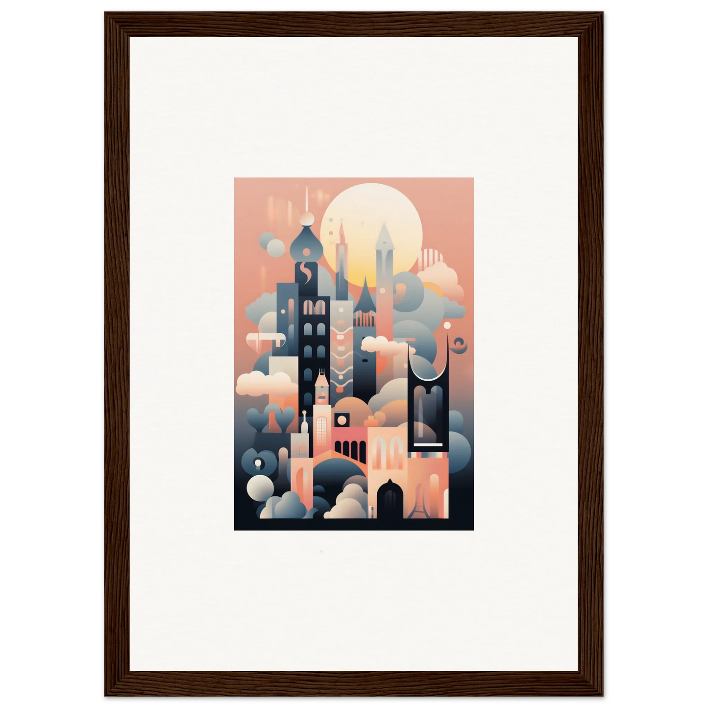 Stylized cityscape illustration for Ephemeral Castle Whispers in soft pink and blue