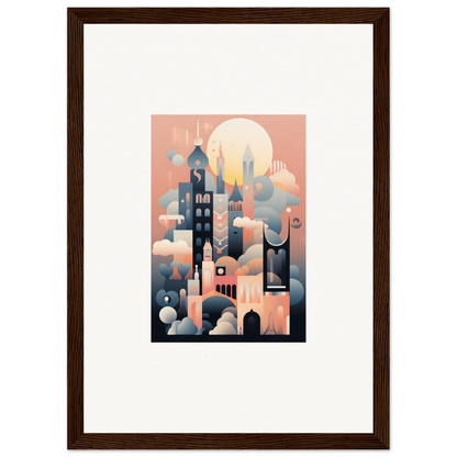 Stylized cityscape illustration for Ephemeral Castle Whispers in soft pink and blue