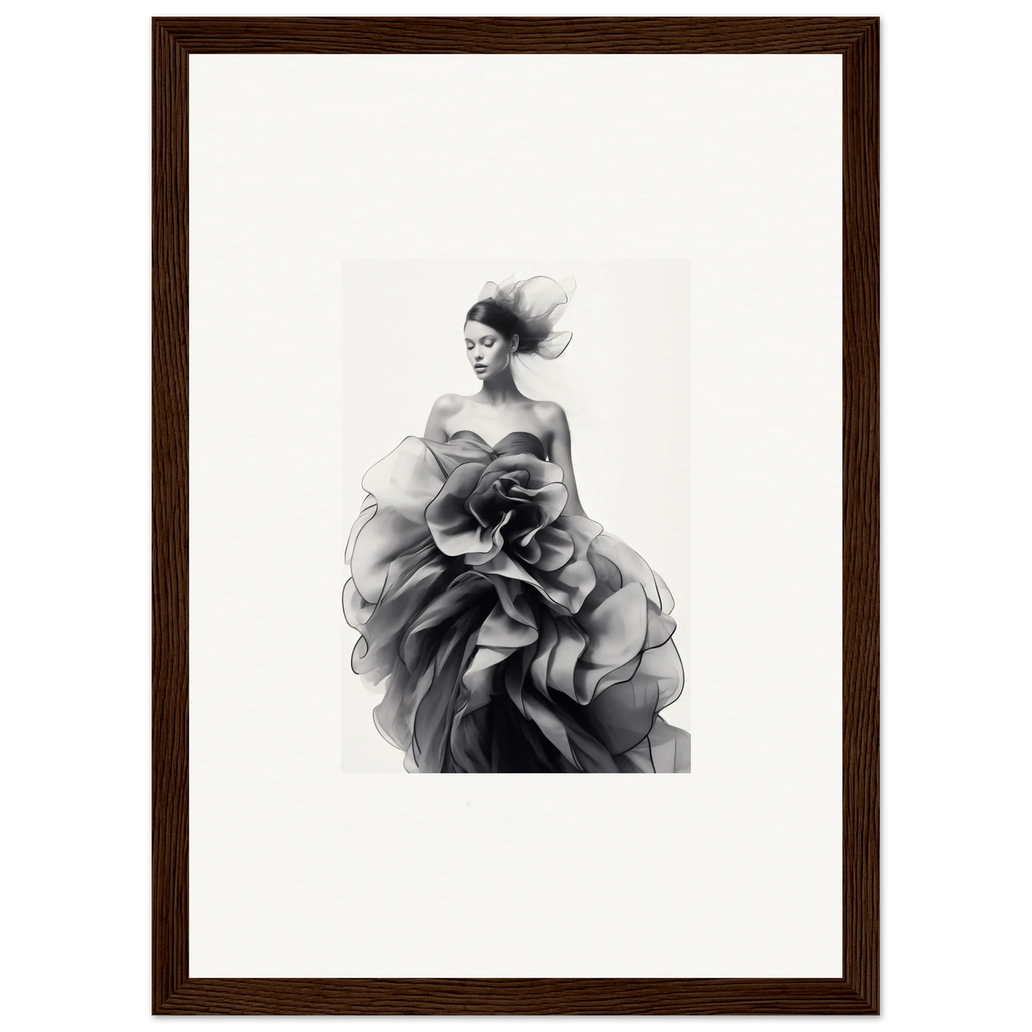 Dramatic figure in ruffled gown captured in Ephemeral Orchard Whispers framed wall art