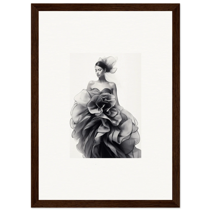 Dramatic figure in ruffled gown captured in Ephemeral Orchard Whispers framed wall art