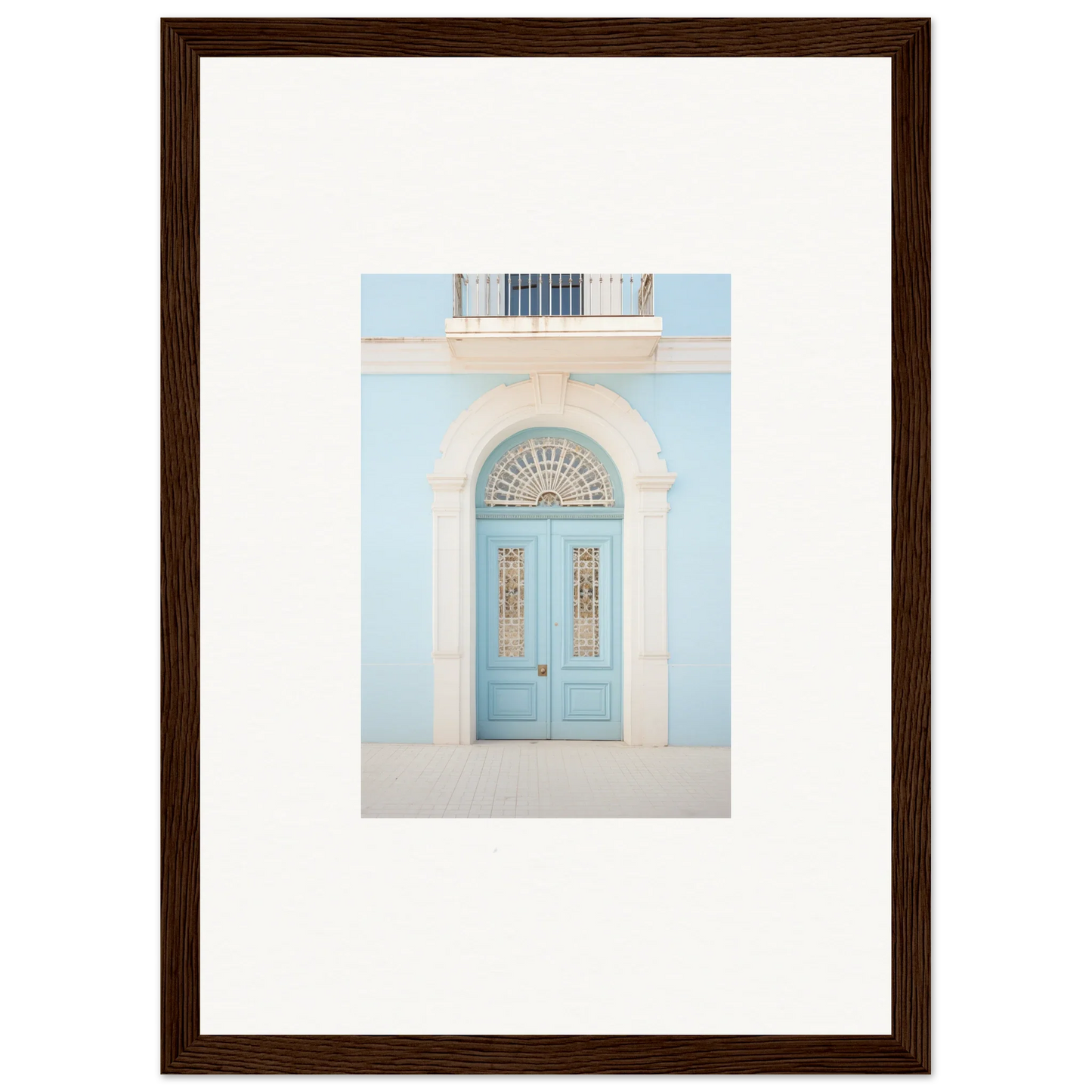 Light blue arched door with decorative glass in Delphinium Dream Portal framed wall art