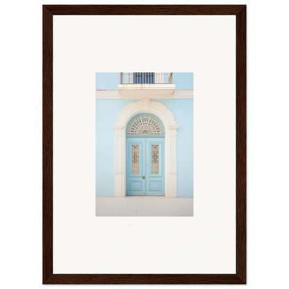 Light blue arched door with decorative glass in Delphinium Dream Portal framed wall art