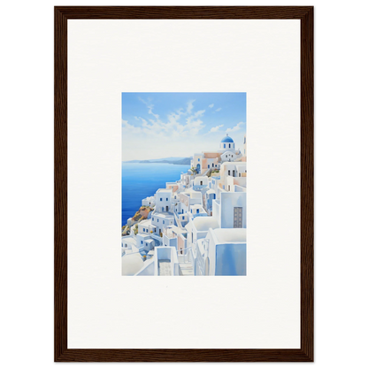 Framed wall art of Santorini’s white buildings and blue domes, Elysian Horizon Vortex