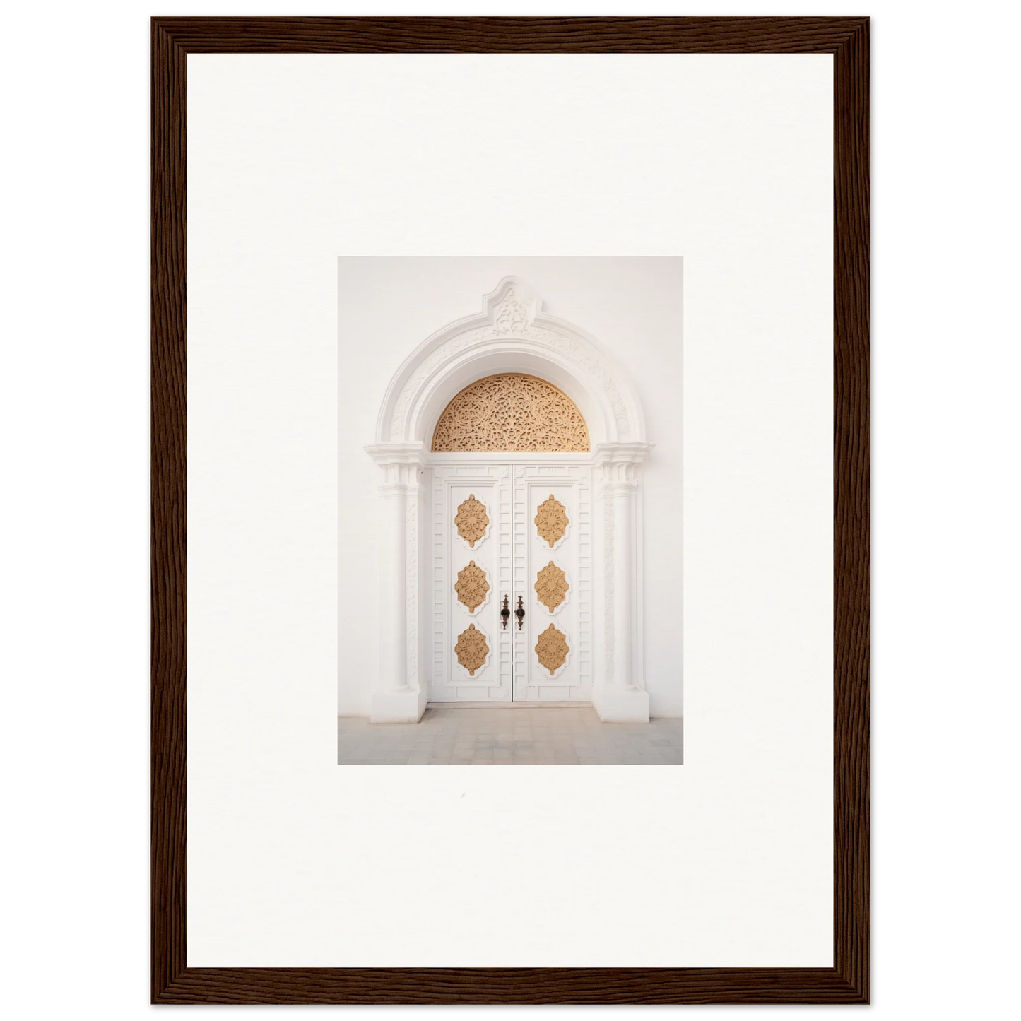 Elegant white double door with gold patterns in Gilded Mirage Passage framed wall art