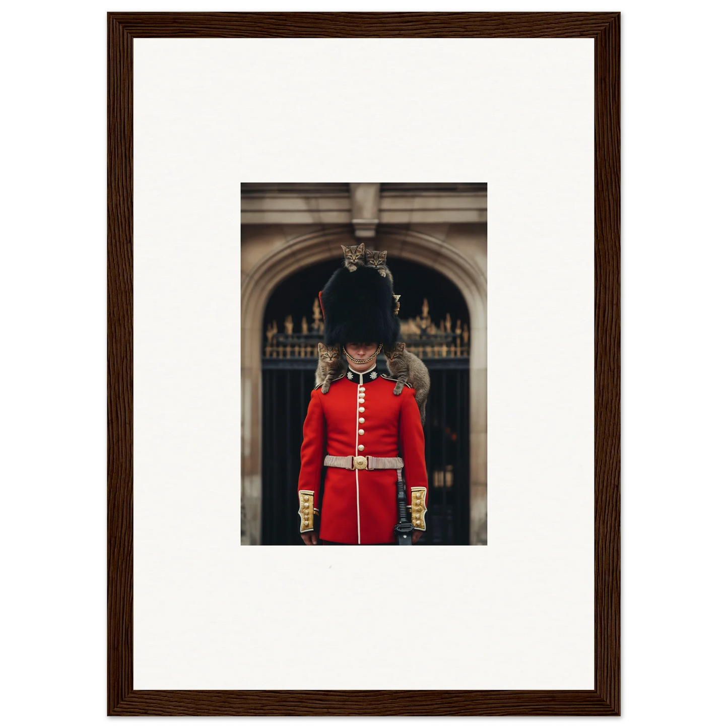 Queen’s Guard in red uniform and bearskin hat featured in Monarch’s Dreamaroos art™