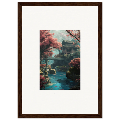 Traditional Japanese pagoda and bridge over turquoise water in Zen Dream Symphony art