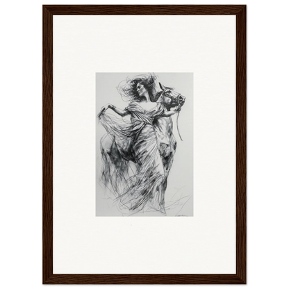 Charcoal sketch of a flowing figure in motion from Equestrian Ether Euphoria framed wall art