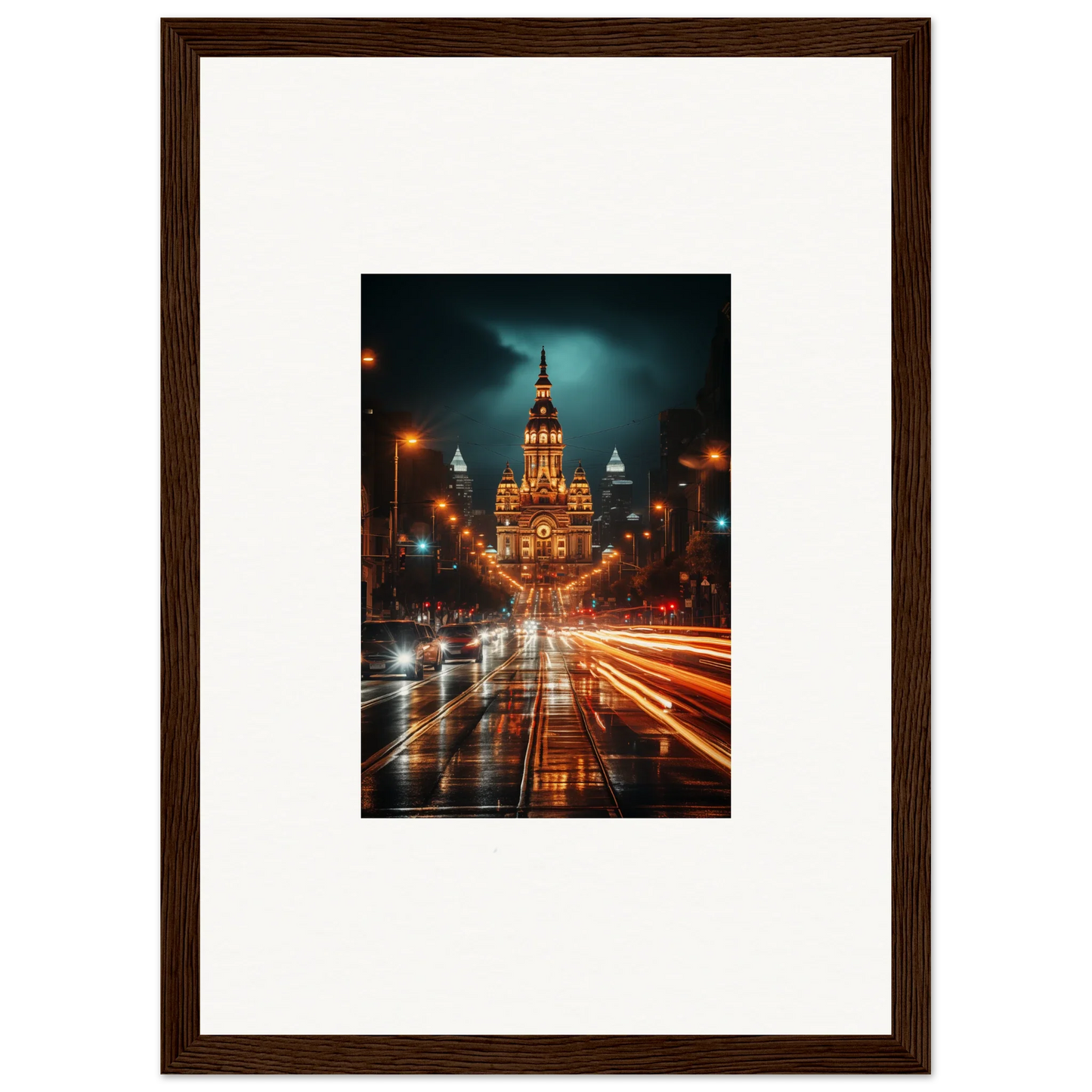 Illuminated Gothic building with traffic light trails in Radiant Urban Reverie art