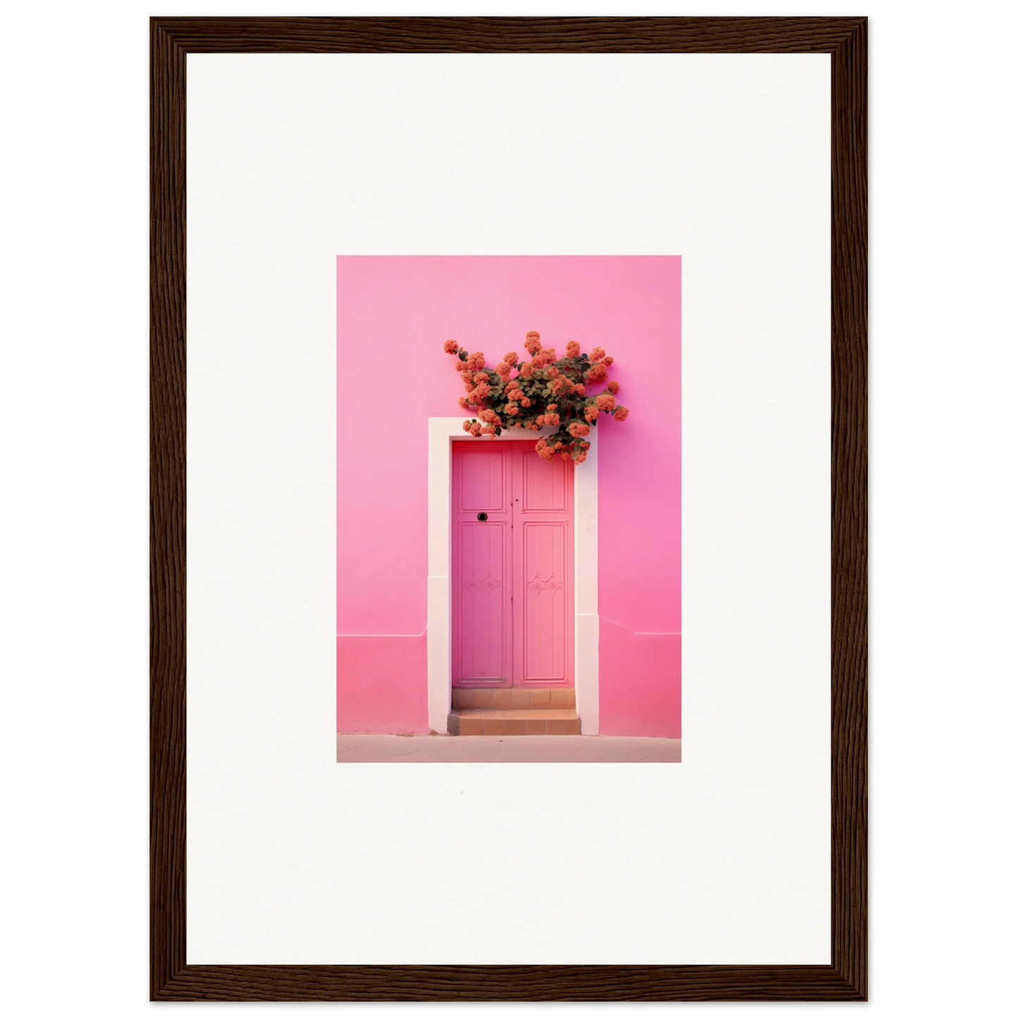 Pink door draped in red flowers, perfect for Quantum Pink Serenade Framed Wall Art