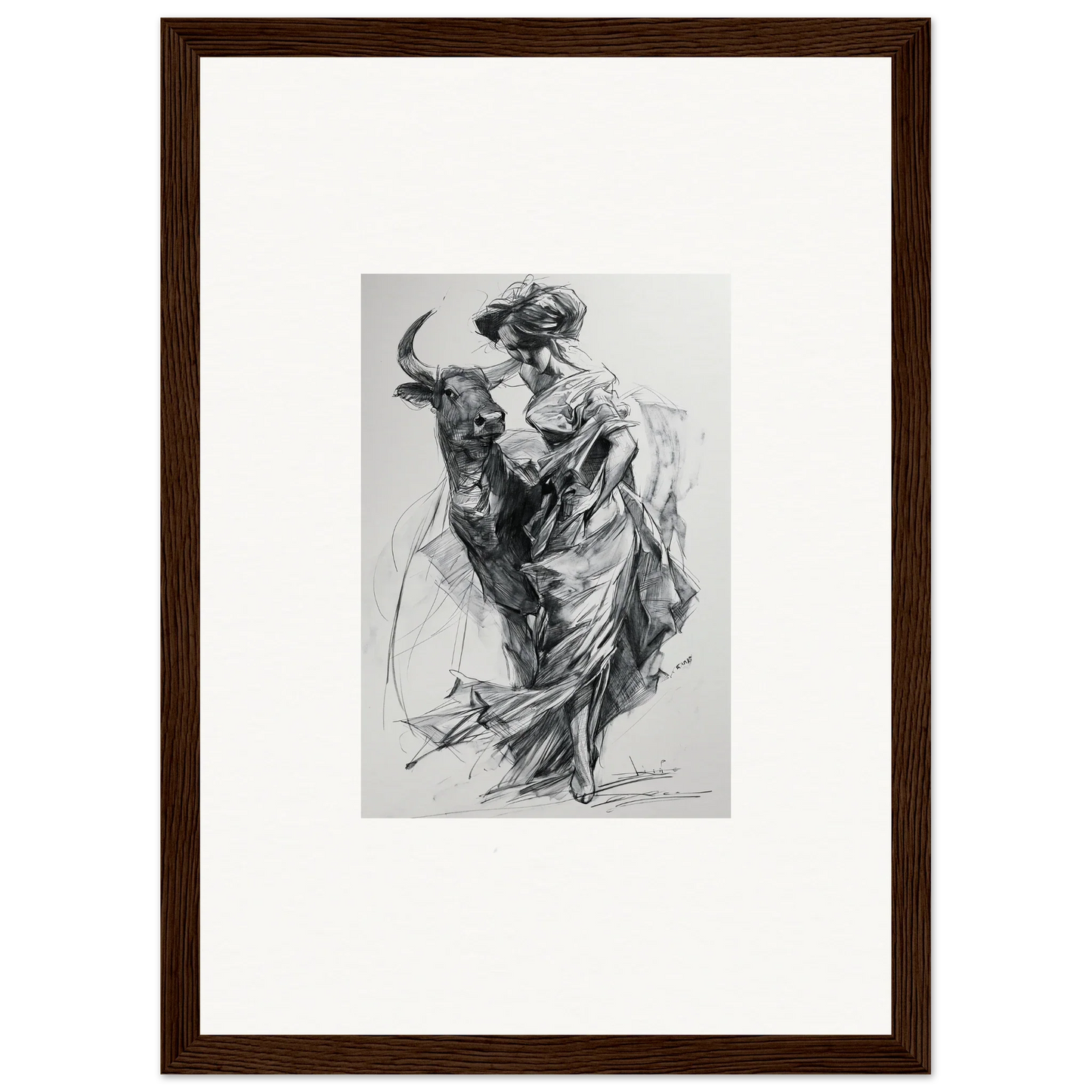 Black and white sketch of a matador and bull in motion, Sylvan Euphoria Lumia art piece