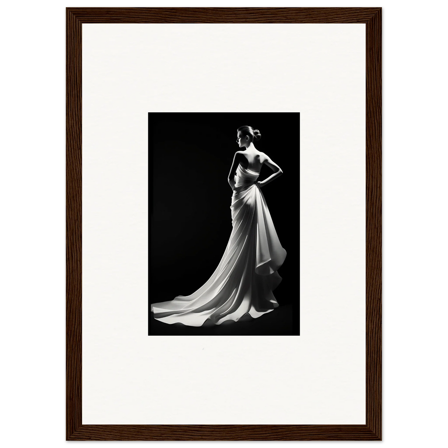 Black and white photo of an elegant evening gown showcasing ephemeral grayscale elegance