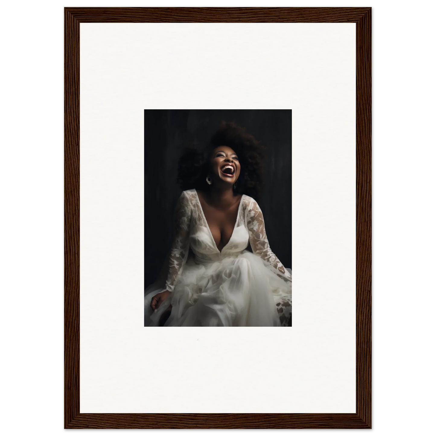 Framed wall art of a bride in a white lace dress radiating timeless essence laughter