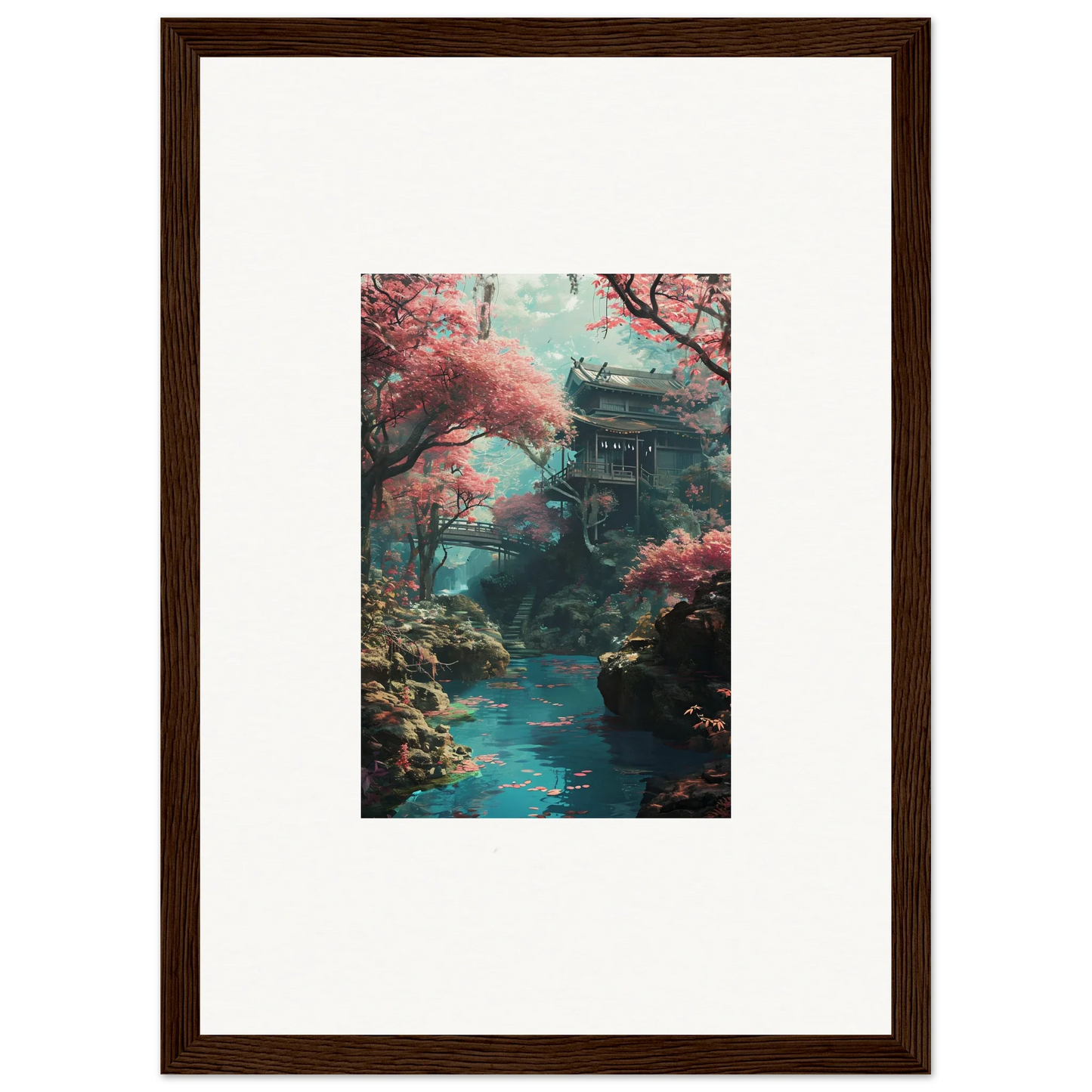 Traditional Japanese pagoda with cherry blossoms near a stream in Magenta Spirals Oscillate art